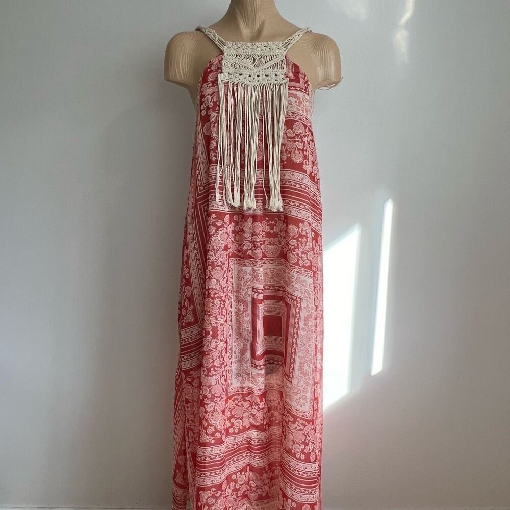 Zara Boho Flowy Coastal Macramé Tassels Maxi Beach Resort Vacation Dress XS / S